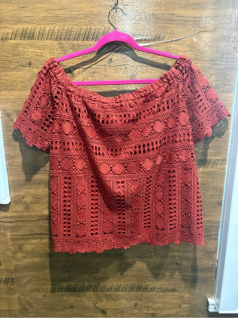 Sunday in Brooklyn Anthro Evie Off Shoulder Crochet Lace Dark Rust Top - Picture 9 of 10